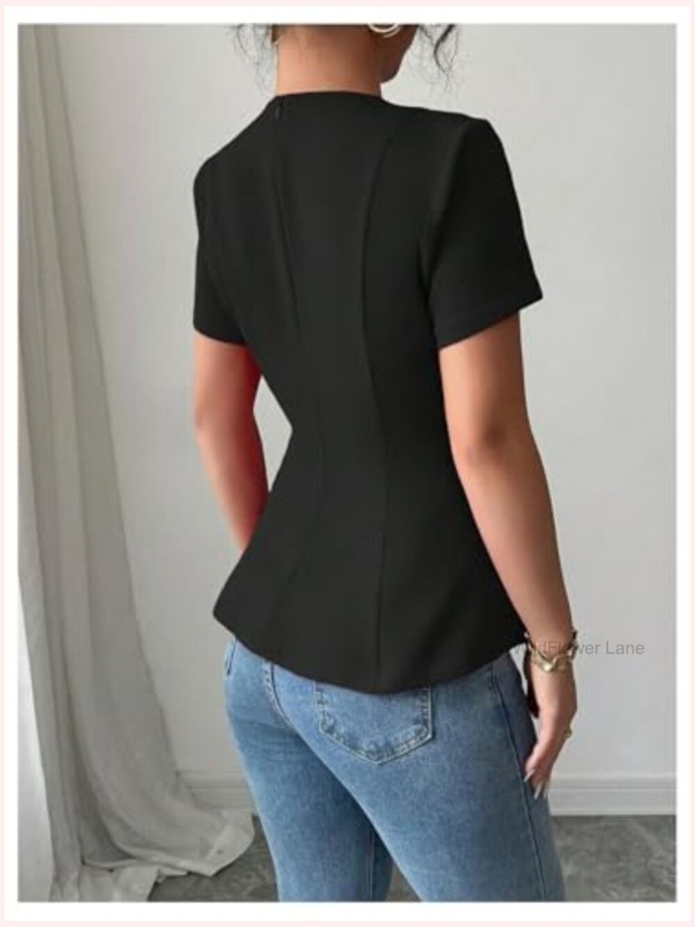 Short Sleeve Bow Peplum Blouse Crew Neck Flare Hem Dressy Casual Tops - Picture 3 of 6
